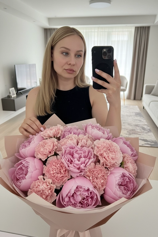 На фото — интерьерная зеркальная селфи-композиция на айфон 16 pro. Центральный объект в кадре — девушка в чёрной рубашке. Макияж естественный, длинные ресницы, блеск на губах. Сходство 100%. Девушка держит телефон в правой руке, аппарат в тёмном (чёрном) чехле с модулем камеры в верхнем углу: заметна круглая конфигурация объективов. Левой рукой она опирается на поверхность стола или пола позади большого букета. Ногти аккуратно накрашены в светлый оттенок. На переднем плане очень крупный пышный букет, упакованный в бумагу пастельных тонов. На фоне современный домашний интерьер. Букет в розовой гамме, цветы: крупные махровые пионы/гвоздики/гортензии или похожие по форме рuffled-бутоны разной интенсивности розового. 