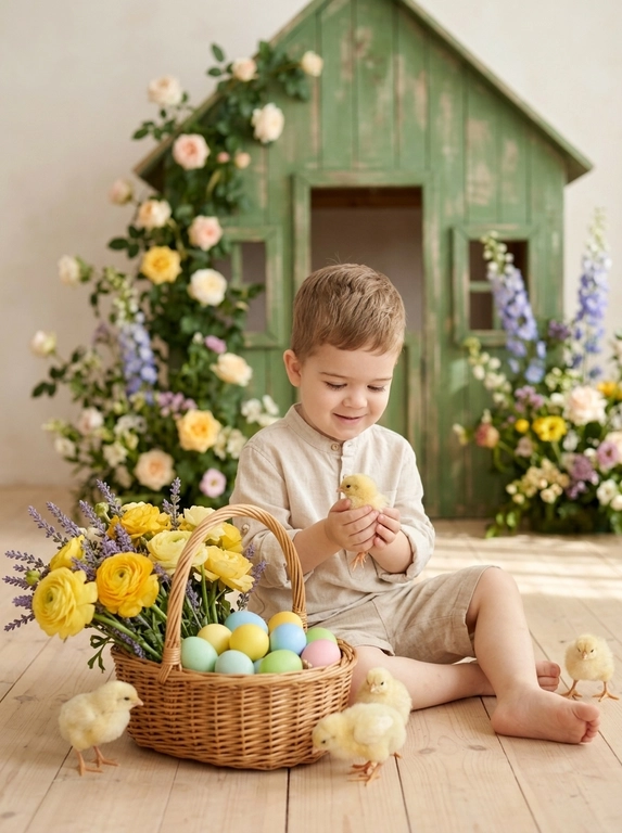 Ребёнок с лицом и улыбкой точь-в-точь как на фото. Ребёнок сидит на фоне светлой стены, сзади — размытый деревянный зелёный домик и цветы вокруг, сидит на полу с плетёной корзиночкой. В корзине — жёлтые цветы, лаванда и разноцветные пасхальные яйца. Вокруг ребёнка — маленькие жёлтые живые цыплята, одного держит в руках. Ребенок улыбается, как на фото, не менять лицо. 

Выбрать пол ребенка: Мальчик в светлой льняной рубашке и бежевых шортах.