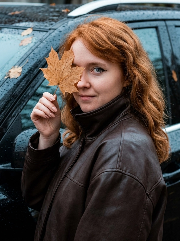 Осенний бьюти-портрет крупным планом. Лёгкий low-angle. Женщина стоит вполоборота вправо к камере. Женщина со стрелками закрывает один глаз кленовым листом у мокрого автомобиля. В одной руке она держит сухой кленовый лист перед одним глазом, глядя в кадр. Лёгкая улыбка на губах. Нюдовый маникюр. Другая рука опущена вниз вдоль тела.
На женщине оверсайз-куртка из тёмно-коричневой кожи с высоким воротом-стойкой.
Фон: глянцевый чёрный автомобиль с каплями дождя и прилипшими листьями. Прохладный рассеянный свет подчёркивает стрелки, прожилки листа, зернистую фактуру кожаной куртки и капли на лаке машины.
Стиль lifestyle-блога. Камера: 85mm, f/2.0, ISO 100, RAW. Звенящая резкость на открытом глазе, стрелке, листе и воротнике куртки, мягкое боке фона. Visible pores, no plastic skin, no AI smoothing.

Причёска: Волосы распущенные, уложены в мягкие естественные волны с лёгким объёмом. Пряди свободно обрамляют лицо и плавно спадают по плечам.