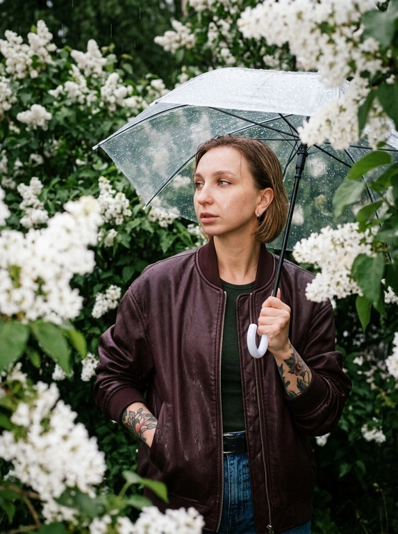 Создай ультрареалистичное фото, строго не меняя черты лица человека с исходного изображения, кинематографичный кадр с плёночной зернистостью и эффектом вспышки, модель стоит среди густых цветущих кустов белой сирени, часть веток находится на переднем плане в мягком расфокусе с лёгким эффектом движения, создавая глубину кадра, идёт небольшой дождь, в воздухе ощущается влажность, заметные текстурные капли в пространстве, в руке прозрачный зонт, другая рука находится в кармане, поза естественная и расслабленная, корпус слегка развёрнут, взгляд направлен в сторону, макияж аккуратный с мягким контурингом, лёгким румянцем, кожа слегка подсвечена, губы с красноватым блеском, брови аккуратно уложены, освещение жёсткое фронтальное от вспышки с характерными бликами и контрастными тенями

Какая будет одежда?: Темно-бордовая матовая кожаная оверсайз куртка-бомбер