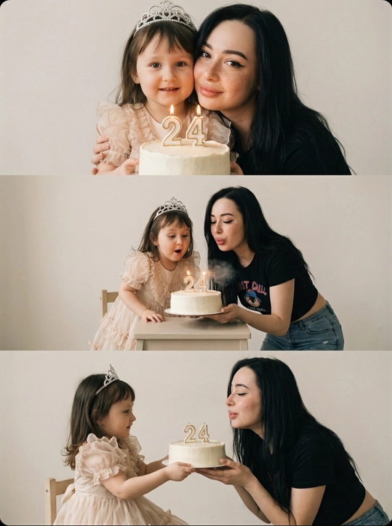 Вертикальный коллаж из трёх фотографий в эстетике 2000-х и Y2K фотосессия проходит в минималистичной студии на нейтральном светлом фоне жёсткое прямое освещение от вспышки создаёт резкие тени на стене позади и лёгкий эффект пересвета характерный для цифровых камер начала 2000-х на фотографиях взрослая модель и её детская версия маленький ребёнок взаимодействуют друг с другом это один и тот же человек в разном возрасте первая фотография крупный план взрослая модель и ребёнок стоят очень близко к камере ребёнок держит праздничный торт со свечами в форме цифры взрослая модель слегка наклоняется к торту они оба смотрят в камеру выражение лица живое и эмоциональное вторая фотография общий план в полный рост ребёнок и взрослая модель вместе наклоняются и задувают свечи на торте ребёнок с интересом и радостью смотрит на огоньки свечей третья фотография средний план ребёнок протягивает торт взрослой модели будто предлагает задуть свечи взрослая модель наклоняется ближе они улыбаются и взаимодействуют друг с другом атмосфера тёплая ностальгическая с ощущением воспоминания и времени на каждой фотографии на торте свечи в форме цифр композиция минималистичная с акцентом на взаимодействие винтажная цифровая текстура лёгкая зернистость мягкая размытость лёгкий гламурный оттенок начала 2000-х фотореалистичный стиль



Какая будет цифра: На торте свечи в виде цифры 24