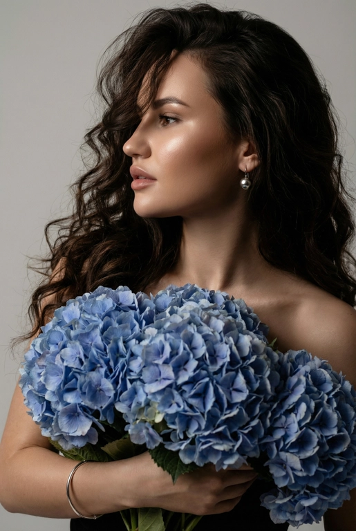 Создайте ультрареалистичный портрет, не меняя черты лица, крупным планом 3/4, с мягкой, освещённой кожей, атласной отделкой и естественным блеском, где женщина изображена в профиле. Спокойное и чувственное выражение лица, губы слегка полуоткрыты. Она носит серебряные серьги-шары и простой серебряный браслет на запястье, держит в руках огромный букет голубых гортензий.
Фон нейтральный, в светло-сером тоне, с тёмным, целенаправленным низким угловым освещением, которое подчёркивает контур лица, текстуру кожи и объём волос. Стиль редактирования — высокая мода, чёткий фокус 8K, реалистичная текстура, изысканная и элегантная атмосфера.
 Длинные волнистые волосы покрывают часть лица объёмными локонами, выпадающими на лицо и плечо. 