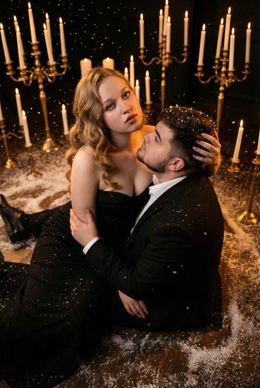 Ракурс камеры чуть сверху и сбоку. Романтическая и драматичная сцена в тёмном помещении. На полу сидит пара — мужчина и женщина верхом на мужчине в тесном, интимном положении. Женщина повернута к камере, её лицо поднято вверх, взгляд в камеру, хорошо освещено мягким тёплым светом. Она смотрит прямо вперёд, немного приоткрыв губы, с выразительным, глубоким взглядом. Если у женщины на фото длинные волосы. то они уложены в роскошные голивудские волны. Если короткие, то волосы просто красиво лежат.  На ней женщине длинное черное платье с лифом-бюстье без бретелей, подчеркивающее силуэт, создающими драматический силуэт.

Мужчина сидит у её груди, склонив голову к ее ключице и смотрит в ее лицо снизу вверх, словно обнимая её, одной рукой. Другой рукой упирается в пол позади себя. Он в чёрном классическом костюме и белой сорочке. Женщина одной рукой держит его за затылок, пальцы мягко погружены в волосы, создавая ощущение близости и страсти.

Вокруг пары падают искусственные снежинки — мелкие белые хлопья, подсвеченные тёплым светом свечей, что создаёт атмосферу зимней магии и романтики. На полу вокруг них разбросан «снег», добавляя глубины сцене.

Позади пары стоят золотистые и латунные канделябры с горящими свечами — тонкие высокие свечи создают мягкое золотое сияние. Из-за низкого освещения фон почти исчезает, оставляя только теплые огоньки и силуэты свечей. Освещение — контрастное: тёплый свет от свечей и мягкая направленная подсветка на лица. Очень темное фото.

Пол — тёмный, возможно деревянный, слегка блестящий от света. Атмосфера кадра — готическая, чувственная, тёплая, драматическая и немного мистическая.