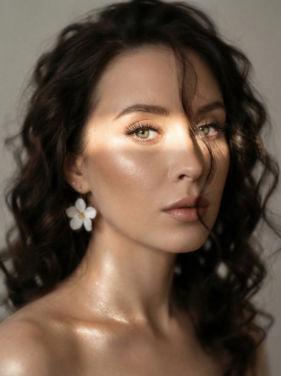 Кинематографический эффект с добавлением зерна. Ультрареалистичный, экстремально крупный портрет части лица девушки: на неё падает солнечный свет полосой, освещая глаза; её голова немного повёрнута в сторону. Тело подсвечено хайлайтером. Макияж лёгкий, с насыщенным хайлайтером; ресницы длинные, пышные. Она смотрит в камеру со спокойным, созерцательным выражением. Освещение мягкое, с лёгким акцентом на её лицо, создаёт нежные тени и подчёркивает черты. В ушах — серьги в виде белых цветов. Фон минималистичный и нейтральный, что усиливает спокойную и элегантную атмосферу. Фото смазанное, как будто сделано в движении, с двойной экспозицией.


Какая будет прическа?: Волосы уложены в локоны частично спадают на лицо.