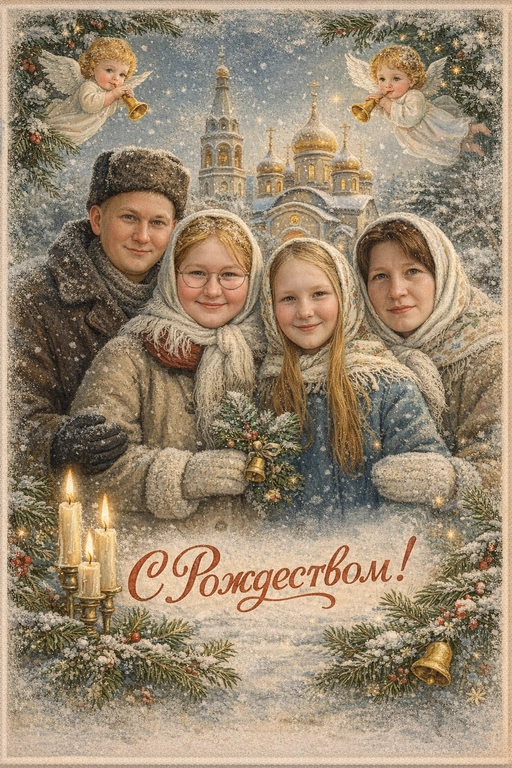 Создай винтажную рождественскую открытку со всеми людьми или одним человеком из предоставленных фотографий. Стиль - советские сказочные открытки 1950-1970-х годов, мягкая живописная иллюстрация, ощущение тепла и уюта. Композиция и формат: • Персонажи остаются в центре композиции • Фон - православная церковь, зимняя сказочная атмосфера Лица: • Лица сохранить максимально похожими на оригинальную фотографию (one-to-one likeness) • Без изменения черт лица, возраста и эмоций • Реалистичное сходство, аккуратная художественная стилизация без искажений. Одежда и образы: • Заменить современную одежду на старинную зимнюю советскую одежду. Если человек- женского пола , то добавь белый платок на голову. ⁠ Декор и детали:  • Хвойные ветки • ангелочки в сказочном стиле, церковные свечки • Лёгкий снег, морозные узоры Цвет и атмосфера: • Светлая, зимняя, мягкая цветовая палитра • Пастельные оттенки, эффект старой бумаги, легкое зерно • Сказочное, теплое новогоднее настроение  • Шрифт - изящный, рукописный, сказочный, в стиле советских открыток. Надпись: «С Рождеством!»