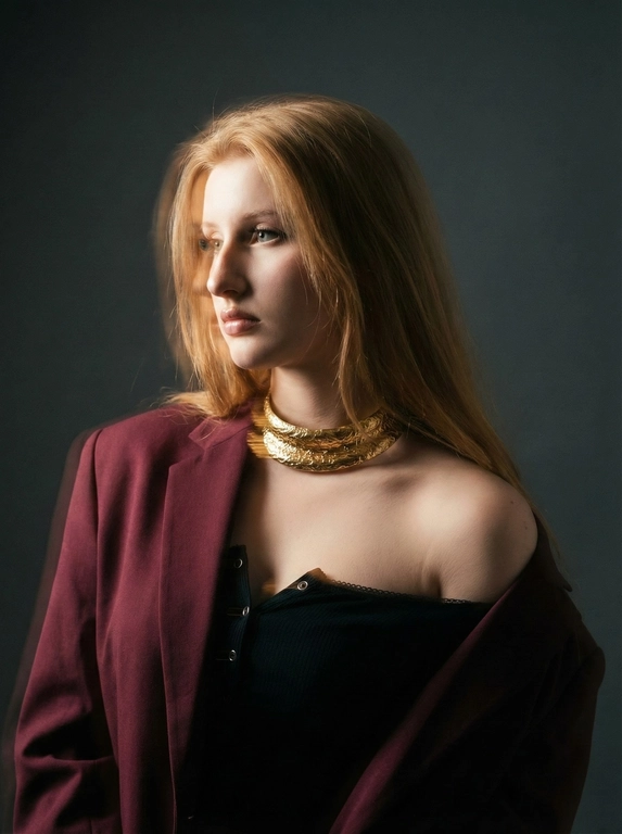     Создай портрет, не меняя черты лица. студийный портрет женщины с длинными волосами. Крупный студийный портрет молодой женщины в стиле высокой моды,  Женщина в оверсайз пиджаке винного оттенка, сброшенном с плеч, открытое плечо, с массивным  чокером золотым на шее. Драматическое боковое освещение, создающее глубокие тени. Фон — темно серая матовая стена.Использована техника мультиэкспозиции или эффект длинной выдержки легкое смазывание. Свет мягкий, подсвечивающий ее шею, профиль и плечи, создавая глубокую тень за ней. Общая атмосфера — меланхоличная, эфемерная и драматичная. Высокое качество, кинематографический свет, боке, зернистость пленки (Film grain).
