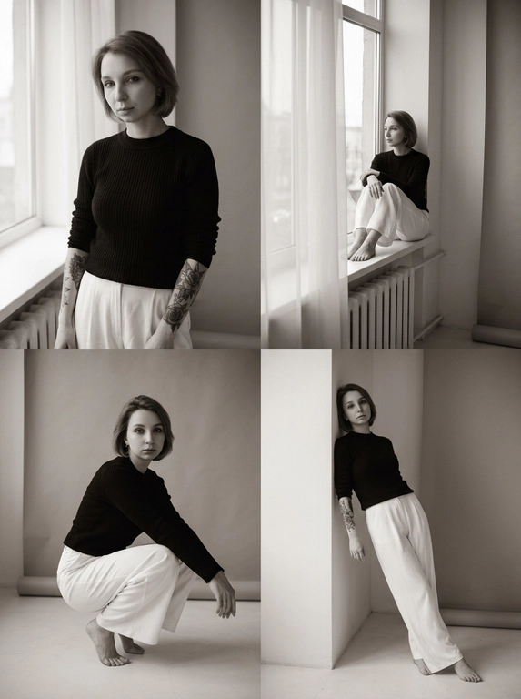 Четыре кадра в коллаже 2×2 с  моделью в минималистичной интерьерной студии. Образ: чёрный ребристый свитер, свободные белые широкие брюки, босая.
Позы разнообразные: стоящая в пол-рост, сидящая на подоконнике, присевшая на пол, опирающаяся о стену; акцент на силуэте и пластике тела. Окружение — светлая студия с большим оконным проёмом, тонкая полупрозрачная занавеска, видимая секция радиатора, гладкий однотонный бумажный фон; много отрицательного пространства, чистые геометрические линии.
Композиция — сочетание средних и полных планов, асимметричные кадрировки, правило третей, плотные кадры с акцентом на позу и линии тела; кадры объединены единым визуальным ритмом.
Освещение — мягкий боковой естественный свет из окна, деликатные, но контрастные тени, плавные световые градиенты, аккуратные блики на волосах и ткани.
Настроение — спокойное, интроспективное, элегантное, модно-редакционное, с лёгкой меланхолией.
Стиль — чёрно-белая плёночная эстетика, тёплая матовая тональность, заметное зерно, лёгкая виньетки, выразительная градация серого.
Камера/параметры — эквивалент 35–50mm полнокадрового объектива (около 50mm f/1.8), диафрагма f/2–2.8 для малой глубины резкости, выдержка ~1/125 s, ISO 400–800 для плёночного зерна, натуральная тональная кривая, мягкая постобработка в стиле аналоговой чёрно-белой плёнки.