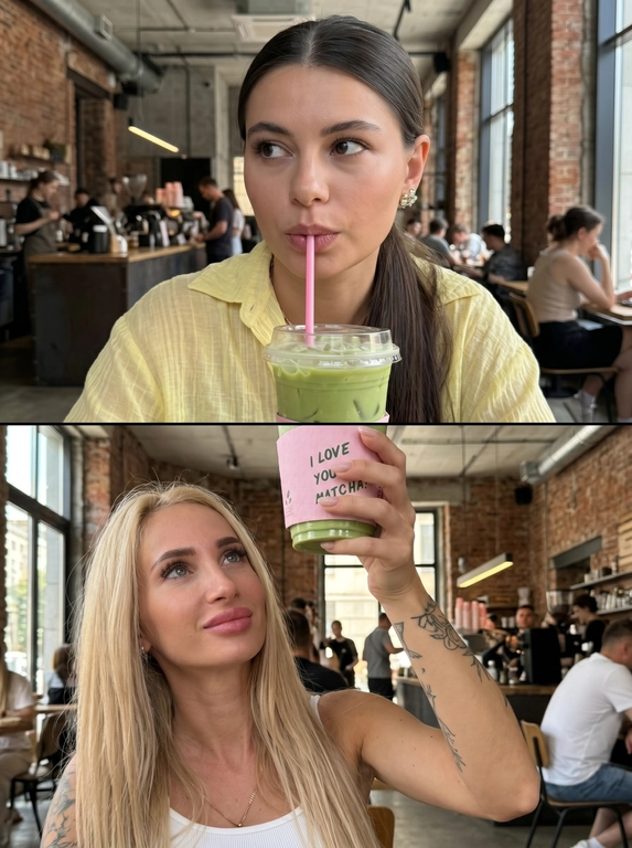 Используя предоставленный схематичный коллаж как референс, создай фотореалистичный вертикальный коллаж из двух кадров с точно такой же композицией, кадрированием и с ОДНИМ стаканом матча латте между кадрами ПОВЕРХ границы. На последнем фото схематично показано как должны располагаться люди.

Верхний кадр: первый человек с референса сидит в современной оживленной лофт specialty-кофейне в и пьет этот матча-латте из коллажа через розовую соломинку. Взгляд направлен в сторону, видна только голова и плечи. Положение головы и плеч фронтальное. Дневное освещение, человек одет в летнее, естественная текстура кожи и волос, реалистичность.

Нижний кадр: второй человек с референса сидит в той же самой кофейне и держит рукой тот же самый стакан матча-латте из коллажа. Взгляд направлен вверх на стакан, видна только голова, плечи и рука этого человека. Легкая улыбка, положение головы и плеч фронтальное. Дневное освещение, летняя одежда, естественная текстура кожи и волос, реалистичный кадр.

Стакан и соломинка должны быть одним непрерывным объектом, логично проходящим поверх границы между кадрами. Совпадение по положению, масштабу, наклону, форме, цвету напитка, крышке, манжете и соломинке должно быть точным.

Люди должны быть органично вписаны в сцену: одинаковый теплый дневной свет, совпадающие тени, единая цветокоррекция, правильная перспектива, естественная глубина, натуральная текстура кожи, легкие контактные тени, реалистичные руки и пальцы. Итог должен выглядеть как реальный коллаж из фотографий в кафе. Pinterest style, снято на iphone.