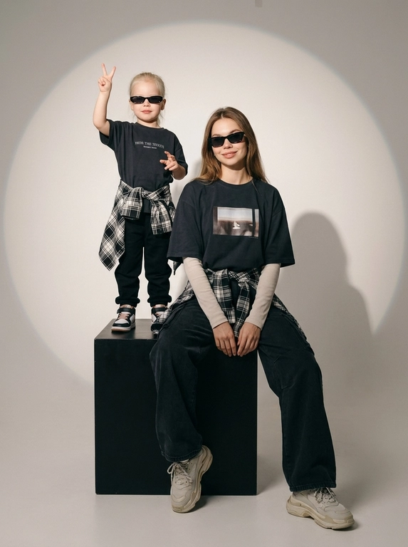 Photorealistic studio portrait photography in minimalistic fashion/editorial aesthetics, static camera at chest level of a seated person, light frontal angle without noticeable perspective deformation; composition with two characters: an model sits on a large matte black cube, body slightly turned towards the camera, knees bent, feet on the floor, the arms are lowered and relaxed in front of the knees, the fingers are neatly extended; the child stands on the same cube behind and to the left, at full height, one hand raised with a "V" gesture, the other lowered, pose confident and playful; both wearing narrow dark sunglasses, gaze directed at the camera; shooting plan — full height for both with a small supply of air above and below, center the center of the frame is shifted to the right to a sitting figure, a standing child balances on the left; the lens is normal/short portrait 50-70 mm, without width; aperture is approximately f/5.6–f/8, moderate depth of field, both characters are sharp, the background is slightly soft; the studio lighting is soft, with one key source on the front left at a level just above the head (softbox), giving smooth transitions and a pronounced but soft shadow against the background on the right; light filling light from the front reduces contrast, shadows are readable; the background is a smooth, light, seamless cyclorama/wall with a noticeable large oval light spot (gradient) in the center, there is a darker vignetting around, a clean minimalistic studio without props; the mood is calm, stylish, slightly retro, with an emphasis on street fashion and family vibe; the expression on the face of the seated model is a soft smile, relaxation; the person standing has a confident neutral facial expression; clothes: the seated model has a dark oversized T-shirt with a large rectangular print on the chest, under it a light longsleeve with long sleeves, wide dark cargo trousers/joggers with pleats at the knees and bottom, a plaid shirt/flannel tied at the waist with a knot, massive light sneakers with a pronounced sole and mesh texture; the child has a dark T-shirt with a large inscription on the chest, dark trousers, a plaid shirt tied at the waist, sneakers in two colors; fabrics with a realistic cotton and flannel texture, noticeable fine folds, natural creases on the knees and in the waist area, matte surfaces without gloss; micro-details: natural skin texture without plastic, neat glare on the lenses of glasses, a clear contour of the shadow from the raised hand on the background, clean floor and soft drop shadow from the cube; high detail, natural sharpness, light grain like a film shot, moderate contrast, soft matte/film look, no HDR, no overexposure and no unnecessary objects.

Какого цвета будут рубашки на поясе?: Чёрно-белый.