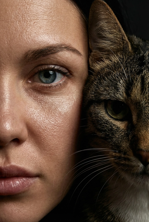   создай портрет, не меняя черты лица. Крупный план (extreme close-up) двух лиц людей, их лица прижатых друг к другу. Видны только половины каждого лица.
Драматичное освещение в стиле чиароскуро, глубокие тени.
Невероятная детализация кожи: видны поры, текстура, естественный блеск у женщины.
Выразительный взгляд прямо в камеру. Высокое разрешение, макросъемка, профессиональное студийное фото, 8K.