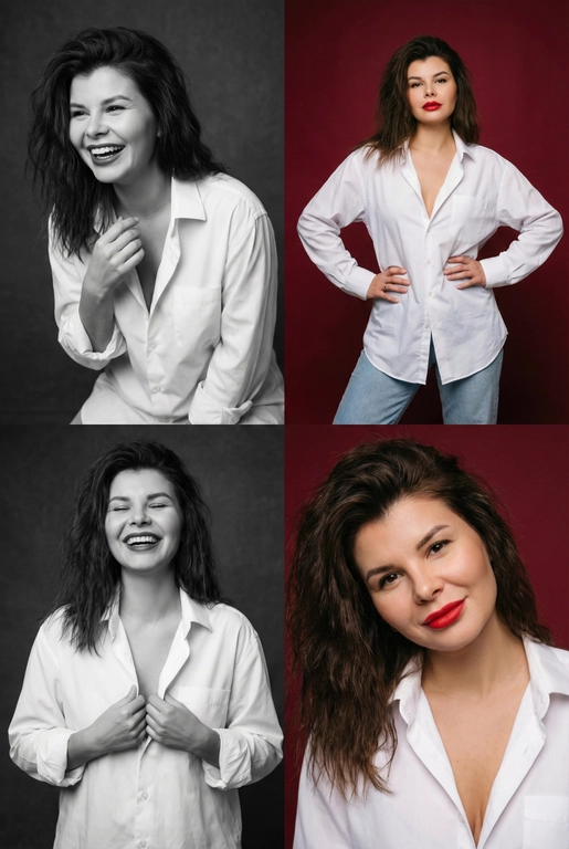 Коллаж из четырёх студийных портретов одной женщины, расположенных в сетке 2×2. Не меняй внешность, цвет и текстуру волос. Все кадры сняты в модном editorial-стиле. Образ — естественная красота, лёгкая небрежность, живые эмоции.
Женщина имеет естественный макияж с акцентом на красные губы. На ней белая очень свободная рубашка мужского кроя на несколько размеров больше, частично расстёгнутая, подчёркивающая линию декольте. В отдельных кадрах она слегка придерживает рубашку руками.
Эмоции и позы:
Верхний левый кадр — чёрно-белый, она наклоняется вперёд, смеётся, взгляд в сторону, живой момент.
Верхний правый — цветной, красный студийный фон, руки на бёдрах, уверенный фэшн-портрет. Снято с нижнего ракурса. Видно часть ее светлых джинс.
Нижний левый — чёрно-белый, она смеётся с закрытыми глазами, держит рубашку у груди, расслабленная поза.
Нижний правый — цветной, крупный портрет, легкая улыбка, слегка наклонила голову в сторону, тёплая улыбка, акцент на губах.
Фон: для цветных кадров — глубокий красный студийный фон, для чёрно-белых — нейтральный тёмный фон.
Освещение: мягкий студийный свет, подчёркивающий текстуру кожи, волосы и складки рубашки. Без жёстких теней.
Композиция: кадры слегка разные по ракурсу, создают ощущение живой съёмки backstage.
Стиль: fashion editorial, lifestyle, natural sexy, cinematic soft light, analog photo vibe, magazine photoshoot, ultra realistic, high detail, skin texture visible, 8k. Волосы распущены и уложены в объемную естественную укладку