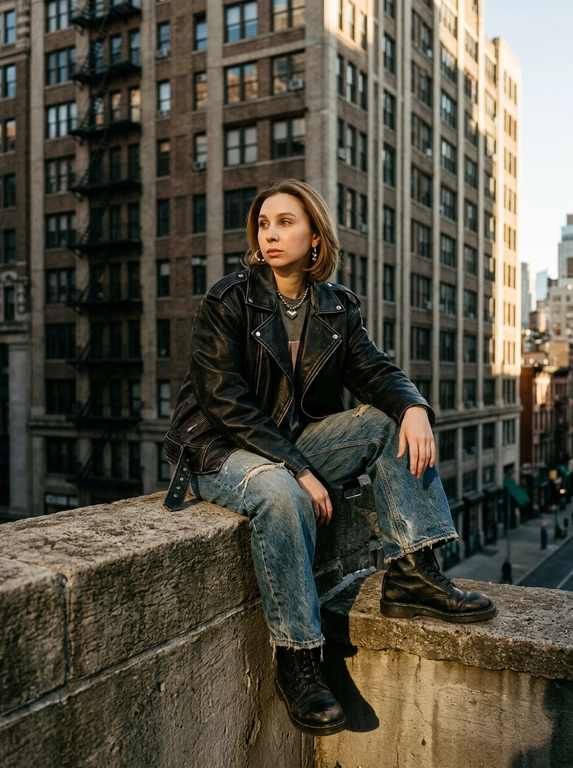 Не меняй черты лица с фото. Кинематографический портрет женщины в полный рост, непринужденно сидящей на бетонном парапете в городской среде. На ней просторная чёрная кожаная куртка с богатой текстурой, свободные джинсы с потертостями и тяжёлые чёрные армейские ботинки. Поза расслабленная: колени слегка приподняты, руки опущены по бокам, взгляд отвлечён от камеры с задумчивым выражением.
За ней возвышается фасад высокого городского здания, намекая на плотный городской горизонт.
Освещение — тёплый солнечный свет золотого часа или угрюмые сумеречные тона, отбрасывающие длинные тени и подчёркивающие текстуру кожи и бетона.
Мягкая, реалистичная эстетика уличной фотографии с высокой детализацией, чётким фокусом и глубоким контрастом.
Снято на среднеформатную плёнку для богатой кинематографической глубины и аутентичной городской атмосферы.