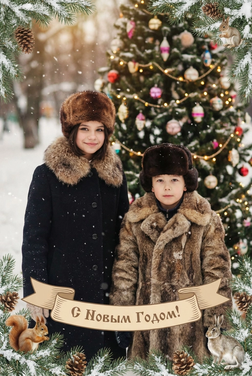   создай новогоднюю фотографию в стиле советского фильма: лица максимально похожи на исходное фото, на улице, в старой зимней одежде (пальто/шуба с меховым воротником, меховая шапки из ондатры или норки). Идёт снег. На фоне размытая украшенная советскими стеклянными игрушками ёлка с гирляндами и тёплыми огоньками. Внизу бежевая декоративная лента с надписью. Рамка по краям из еловых веток со снегом, добавить шишки, белочек и зайчиков. Атмосфера уюта и ностальгии, мягкие кистевые мазки, тонкая плёночная зернистость, мягкая глубина резкости. Надпись на ленте: "С Новым Годом!"