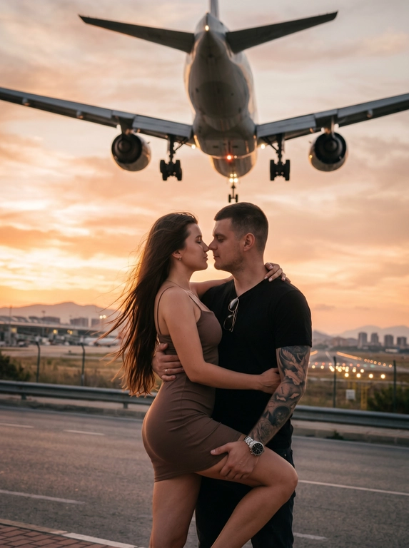Низкий ракурс (low angle), съемка чуть снизу с эффектом присутствия, словно фотограф быстро поймал момент на улице возле аэропорта.
Объектив 24–35mm с естественными широкоугольными искажениями по краям кадра.
Камера слегка наклонена, создавая эффект спонтанного живого кадра.
В верхней части кадра — огромный пассажирский самолет, заходящий на посадку прямо над парой.
На фоне: закатное небо, размытые силуэты терминала, взлетная полоса, городские огни и далекие горы.
АТМОСФЕРА:
Эмоция случайно пойманного интимного момента во время путешествия.
Кадр выглядит как дорогая lifestyle-фотография, снятая «между дублями», а не идеально выстроенная постановка.
Ощущение ветра, движения, шума самолета и теплого вечернего воздуха.
ПОЗА:
Мужчина держит женщину на руках чуть неровно и естественно, как в реальной жизни.
Она мягко улыбается, обнимая его за шею.
Их лица очень близко — момент за секунду до поцелуя.
Положение рук и ног слегка асимметричное и живое.
Волосы и платье слегка двигаются от ветра и потока воздуха от самолета.
ВНЕШНОСТЬ:
Максимально естественная анатомия и пропорции тел.
Без «идеальной» симметрии.
Живые эмоции, микронапряжение мышц, натуральные позы.
ОДЕЖДА:
Мужчина: черная футболка и темные брюки/шорты с естественными складками ткани.
Женщина: облегающее мини-платье кофейного или темно-оливкового оттенка на тонких бретелях.
Ткань слегка натягивается и движется от ветра, реалистично повторяя форму тела.
АКСЕССУАРЫ:
Солнцезащитные очки-авиаторы с натуральными отражениями закатного света.
Металлические часы и браслет с реалистичными бликами и микроцарапинами.
СВЕТ:
Настоящий golden hour.
Мягкий теплый контровой свет от заката.
Солнце почти за горизонтом создает естественный rim light по контуру тел, волос и самолета.
Небо насыщенное, с плавным переходом оранжевых, розовых и золотистых оттенков.
Свет неидеальный: присутствуют легкие пересветы и глубокие тени, как в настоящей фотографии.
САМОЛЕТ:
Крупный современный пассажирский авиалайнер максимально реалистичен.
Видны шасси, закрылки, детали двигателей, огни посадки.
Самолет слегка размыт в движении, создавая эффект настоящего пролета над головой.
REALISM:
Максимально реалистичная живая фотография.
Натуральная текстура кожи без пластиковой ретуши.
Реалистичная работа камеры: — легкий motion blur
— subtle film grain
— natural lens distortion
— realistic dynamic range
— случайные световые блики (lens flare)
— небольшая неидеальность кадрирования
ЦВЕТОКОР:
Кинематографичный travel aesthetic color grading.
Теплые закатные оттенки, глубокие тени, мягкий контраст.
Цвета выглядят натурально, как у дорогой камеры Sony/Canon cinematic look.
ФОРМАТ: ultra realistic candid photography, cinematic travel moment, luxury lifestyle aesthetic.