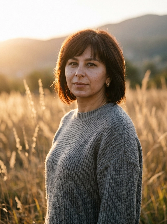 Плёночная эстетика, лёгкая зернистость, мягкая дымка, небольшой естественный шум. portrait of a model, natural skin texture with pores and subtle micro-imperfections, realistic skin rendering, shot on Fujifilm GFX 100, 100mm lens, shallow depth of field, subsurface scattering, soft warm sunset light, rim light, Tyndall effect, unedited look. Фотореалистичный вертикальный портрет модели в три четверти, кадр по пояс, она стоит в поле золотой сухой травы на закате, тёплый контровой свет подсвечивает волосы и создаёт мягкий ореол вокруг головы, на ней уютный вязаный свитер. Фон — мягко размытые стебли трав и дальние холмы с красивым боке. Композиция офф-центр, персонаж смещён вправо. Акцент текстуре света и атмосфере. Тёплая золотая цветовая палитра, кинематографичная цветокоррекция в стиле Kodak Portra, высокая детализация, фотореализм.

Цвет свитера?: Цвет свитера серый