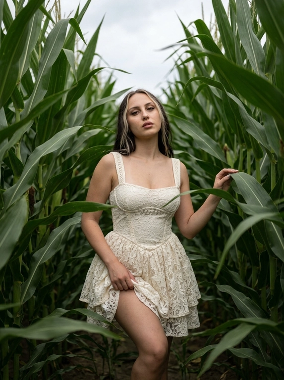 Фотореалистичная fashion-съёмка среди высоких густых стеблей кукурузы, снятая на Hasselblad X2D. Женщина находится глубоко внутри кукурузного поля, в узком проходе между рядами. Высокие листья окружают её со всех сторон и образуют плотный зелёный тоннель. Модель расположена в центральной нижней части кадра, а верхняя половина заполнена листьями кукурузы и небольшим участком пасмурного неба.

Женщина стоит почти фронтально к камере, корпус слегка развёрнут в три четверти. Вес тела перенесён на дальнюю прямую ногу, вторая нога выставлена вперёд и мягко согнута в колене. Колено открыто из-под приподнятого подола. Одна рука поднята примерно до уровня груди и расслабленными пальцами легко касается длинного листа кукурузы. Вторая рука опущена и слегка собирает ткань юбки у бедра, создавая естественные складки. Плечи расслаблены, спина прямая, голова расположена почти ровно и слегка повёрнута к объективу. Взгляд направлен прямо в камеру, выражение спокойное, уверенное и немного отстранённое. Поза выглядит естественной, непринуждённой и редакционной.

На женщине короткое платье оттенка слоновой кости из плотного фактурного кружева с изящным цветочным узором. Приталенный лиф с прямым квадратным вырезом мягко облегает фигуру и подчёркивает линию талии. Широкие плетёные бретели выглядят объёмно и аккуратно. От талии начинается пышная многослойная юбка с кружевной верхней частью и мягкой плотной подкладкой. Юбка собрана в естественные объёмные складки и слегка раскрывается по бокам, создавая выразительный скульптурный силуэт. Нижний край состоит из нескольких мягких слоёв ткани, благодаря чему платье выглядит воздушным, но сохраняет форму.

Одной рукой женщина слегка приподнимает край многослойной юбки, открывая согнутое колено. Платье выглядит дорогим, фактурным и женственным, без ощущения свадебного наряда. Светлый оттенок и цветочное кружево красиво контрастируют с насыщенной зеленью кукурузного поля. Образ сочетает countryside romantic, modern femininity и luxury editorial aesthetics.

Камера расположена примерно на уровне талии или груди модели и слегка направлена вверх, подчёркивая высоту растений. Кадрирование почти в полный рост, нижняя часть ног частично выходит за границу изображения. Листья на переднем плане входят в кадр с обеих сторон и местами слегка перекрывают силуэт, создавая естественную глубину и эффект съёмки изнутри поля.

Макияж лёгкий и дорогой в эстетике luxury countryside editorial: ровный сатиновый тон, мягкий контуринг скул, аккуратно уложенные брови, бежево-тауповые тени с деликатной растушёвкой, тонкая межресничная линия, длинные разделённые ресницы, нежный хайлайтер на скулах и переносице. Губы очерчены мягким нюдово-коричневым карандашом и покрыты полупрозрачной розово-бежевой помадой с сатиновым финишем. Макияж естественный, утончённый и не перегруженный.

Освещение мягкое и рассеянное, как в пасмурный летний день. Свет равномерно освещает лицо и платье, сохраняя мягкие естественные тени под скулами, подбородком и в складках ткани. Листья создают лёгкий теневой рисунок, но не закрывают лицо. Натуральная приглушённая цветопередача, премиальная editorial-обработка, высокая детализация листьев, кружева, многослойной юбки и кожи.

Максимальный фотореализм, clean even facial skin, healthy natural complexion, мягкая реалистичная текстура кожи без пластиковой ретуши. Небольшая глубина резкости: женщина и ближайшие листья резкие, дальние ряды кукурузы немного смягчены, но остаются читаемыми. Лёгкое плёночное зерно, luxury countryside editorial, romantic fashion campaign, без AI-глянца, без текста и водяных знаков.