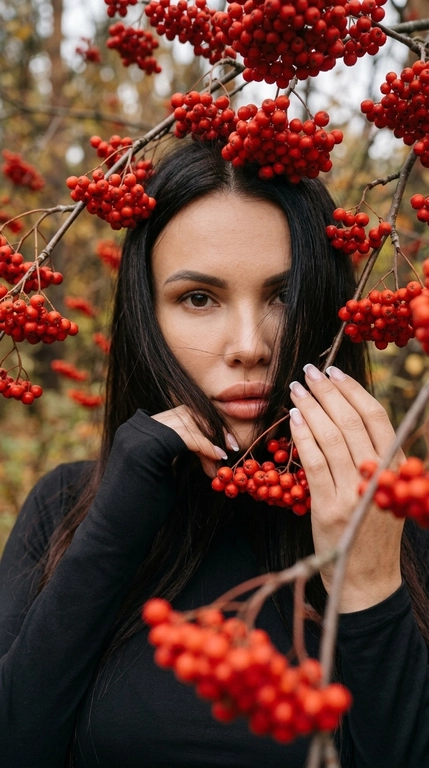 Фотореалистичный крупный осенний портрет женщины среди густых веток красной рябины. Женщина находится очень близко к веткам и гроздьям рябины. Лицо в основном остаётся открытым и хорошо читаемым: один глаз полностью хорошо виден и находится в фокусе, часть второй стороны лица мягко прикрыта длинной передней прядью волос. Волосы не должны полностью закрывать лицо. Они лишь частично проходят по одной стороне лица, мягко перекрывая часть щеки, край губ и небольшую часть носа. Взгляд направлен прямо в камеру. Одна рука поднята к лицу, аккуратный французский маникюр.

Гроздья красной рябины находятся сверху, по бокам и частично на переднем плане, мягко обрамляя лицо. Ягоды и ветки не должны сильно перекрывать центральную часть лица. Некоторые гроздья на переднем плане слегка размыты, но композиция остаётся естественной и не перегруженной. Лицо мягко обрамлено ветками, создавая эффект скрытого, но всё ещё хорошо читаемого портрета в природе.

Мягкий рассеянный свет пасмурного осеннего дня, естественные тени на лице, приглушённый фон и насыщенные, но реалистичные красные оттенки ягод. Лёгкая плёночная зернистость и мягкая осенняя цветокоррекция без чрезмерной обработки.

Макияж выразительный, но естественный: подчёркнутые ресницы и красный оттенок губ. На женщине чёрный облегающий верх с длинными рукавами. Реалистичная текстура кожи, естественная детализация волос, без пластиковой кожи, без чрезмерной резкости, без глянцевой ретуши и без AI-эффекта.


Причёска: Распущенные волосы свободно спадают на одну сторону лица и частично перекрывают его. Основная масса волос мягко лежит вдоль щеки и скулы, закрывая часть лица так, что хорошо виден один глаз, часть носа и скулы. Несколько тонких передних прядей естественно проходят по лицу и слегка двигаются от лёгкого ветра. Причёска выглядит живой, мягкой и немного небрежной, создавая эффект скрытого портрета.