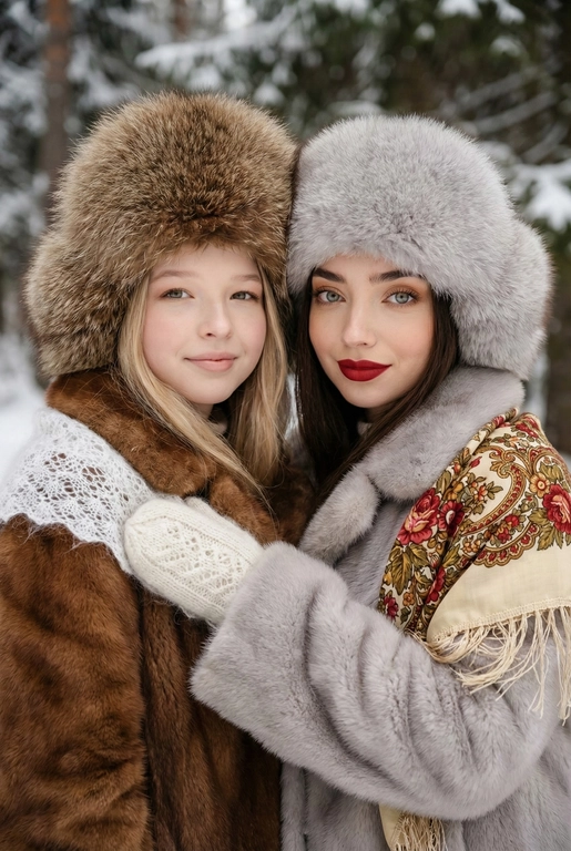 Создай кадр, который представляет собой теплый, уютный, слегка ностальгический зимний портрет в фэшн/фолк-стиле. Атмосфера спокойная, элегантная, дружеская близость двух моделей; сочетание высокой моды (мех, профессиональная ретушь) и фольклорной эстетики (вышитый шарф). Композиция и позирование: Форма кадра: портретный, вертикальный (соотношение примерно 3:4). Расположение: две женщины в центре кадра, тела и головы видны на груди; правая модель немного ближе к камере. Позы: девушки стоят близко друг к другу, левая модель слегка опирается на правую; плечи слегка повернуты к камере. Взаимодействие: мягкая улыбка, закрытое выражение лица, взгляд в камеру; дружелюбный, уверенный тон. Лица и макияж: Кожа: гладкая, естественная текстура, легкий эффект сияния. Глаза: аккуратные блики – оживляют взгляд; нейтральный/теплый макияж теней. Брови: естественная форма, слегка очерчены. Губы: у правой модели насыщенный матовый красный (центральный акцент), у левой – нежно-розовый нюдовый. Волосы: свободные пряди вокруг лица, несколько прядей с легкой волной для естественности. Шапки: большие пушистые меховые шапки с очень четко выраженной текстурой меха; справа – светло-серый мех, слева – коричневый мех. Форма: высокие, округлые, плотно сидят на голове, частично закрывают лоб – создают силуэт и рамку для лица. Верхняя одежда и текстуры: меховые пальто: густой натуральный мех у левой модели коричневый, у правой модели – светло-серый тон с видимым направлением волосков; богатая текстура и объем. У девушки справа на правом плече маленький платок с традиционным русским орнаментом – яркие цветы и листья, на фоне глубокого красного цвета с золотисто-терракотовыми, зелеными деталями; Тонкая бахрома ниспадает на ее плечо. У девушки слева на левом плече небольшой вязаный белый шарф с крупным ажурным узором, что добавляет контраста в текстуре и цвете. Окружение и фон: Лес: темные хвойные деревья, вертикальные силуэты стволов; снег на земле/вдали — размытый фон (боке).