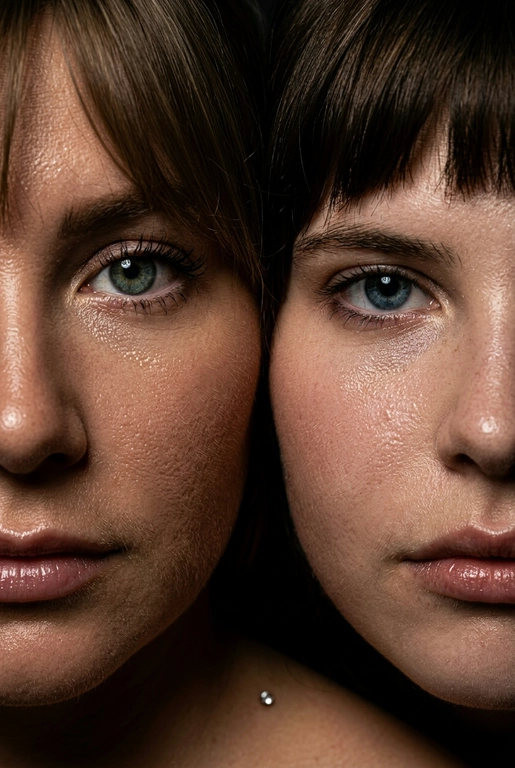 создай портрет, не меняя черты лица. Крупный план (extreme close-up) двух лиц людей, их лица прижатых друг к другу. Видны только половины каждого лица.
Драматичное освещение в стиле чиароскуро, глубокие тени.
Невероятная детализация кожи: видны поры, текстура, естественный блеск у женщины.
Выразительный взгляд прямо в камеру. Высокое разрешение, макросъемка, профессиональное студийное фото, 8K.