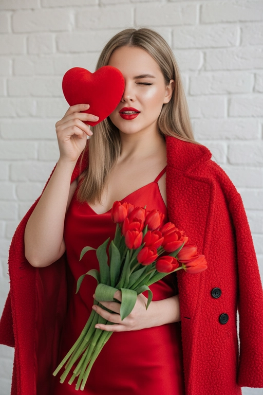Профессиональная модная фотография в сверхвысоком разрешении, на которой женщина держит большой красный предмет в форме сердца, прикрывающий один глаз, и сжимает букет красных тюльпанов. Максимально сохранить все черты лица, сохраняя точные черты лица по образцу, мягкое естественное боковое освещение слева. нежные тени, портрет в три четверти с небольшим наклоном вверх, элегантное красное платье-комбинация на тонких бретельках под открытым текстурированным красным пальто оверсайз, уверенный игривый взгляд и ярко-красные губы, романтическое настроение, теплая красно-зеленая палитра на фоне белой кирпичной стены, бьюти-снимок из журнала, небольшая глубина резкости, четкий фокус на лице, Сверхдетализированная профессиональная фотография в формате 8K.