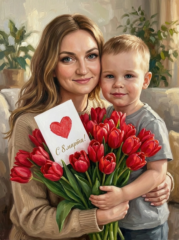 Схожесть 100%, не менять черты лица. Гиперреалистичные вертикальное изображение — точная копия персонажей с референсной фотографии. Персонажи с фотографии мягко улыбаются и обнимают огромный букет красных тюльпанов. Все персонажи одеты в нейтральную повседневную одежду без ярких деталей. Стиль: густая масляная живопись с выраженными мазками (oil painting, heavy brushstrokes). В букет вставлена открытка. На открытке каллиграфическая надпись. Мягкий солнечный свет, малая глубина резкости, создающая ощущение уюта и тепла.

Какая будет надпись?:  На открытке надпись "С 8 марта!"