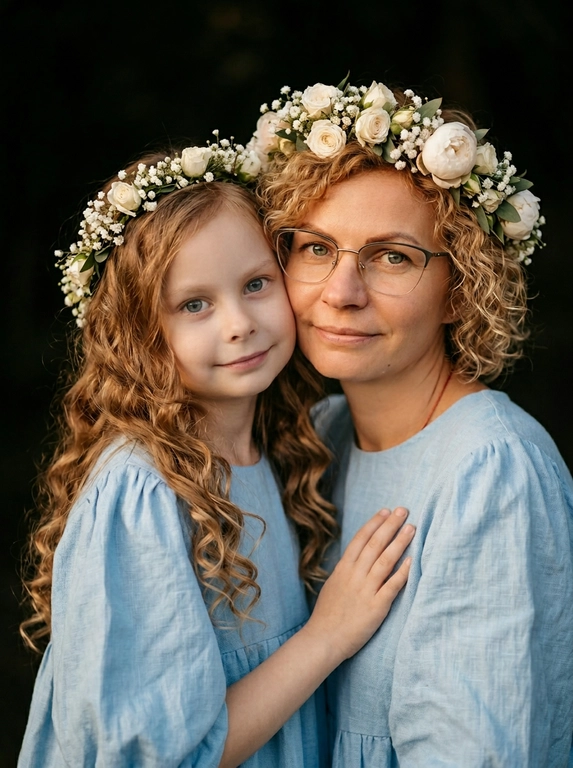 Промт сохрани черты лица цвет волос как на референсе.

Сфотографируй маму и дочь, которые стоят очень близко друг к другу, почти соприкасаясь щеками, и смотрят прямо в камеру с нежными, слегка улыбающимися выражениями лиц. Обе одеты в свободные светло-голубые платья с объёмными рукавами. У девочки 7 лет длинные, пышные, светло-русые волосы с мягкими локонами, ниспадающими на плечи.У мамы кучерявые средней длины волосы. На головах — венки из белых цветов (розы, пионы или похожие), дополненные зелёными листьями; венки выглядят аккуратно и романтично. Фон тёмный, размытый, без деталей, чтобы акцентировать внимание на моделях. Освещение мягкое, тёплое, подчёркивающее естественность кожи и блеск волос. Композиция кадра — крупный план, лица занимают центральную часть изображения. Атмосфера снимка — трогательная, семейная, наполненная любовью и гармонией.