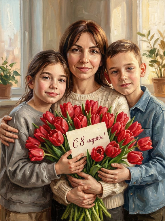 Схожесть 100%, не менять черты лица. Гиперреалистичные вертикальное изображение — точная копия персонажей с референсной фотографии. Персонажи с фотографии мягко улыбаются и обнимают огромный букет красных тюльпанов. Все персонажи одеты в нейтральную повседневную одежду без ярких деталей. Стиль: густая масляная живопись с выраженными мазками (oil painting, heavy brushstrokes). В букет вставлена открытка. На открытке каллиграфическая надпись. Мягкий солнечный свет, малая глубина резкости, создающая ощущение уюта и тепла.

Какая будет надпись?:  На открытке надпись "С 8 марта!" сохранить внешность 1:1-лицо,черты,пропорции текстуру кожи, возраст