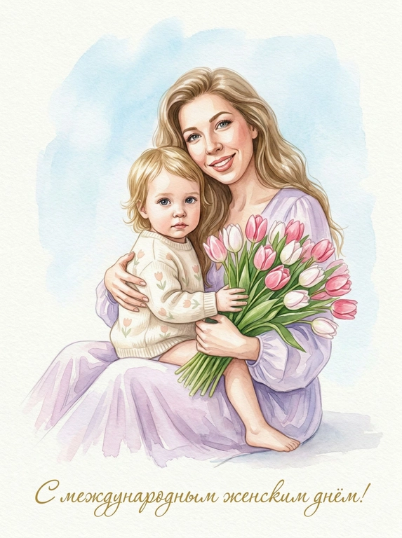 Создай Акварельный портрет к 8 Марта со всеми людьми из предоставленных фотографий. Стиль — мягкая современная живописная иллюстрация, с ощущением тепла, света и искренности. Все люди размещены в центре композиции, средний план, акцент на эмоциях и взаимодействии. Фон — светлый, минималистичный, выполненный в мягкой акварельной или живописной технике с нежными голубыми и белыми разводами. Лица сохранить максимально похожими на оригинальные фотографии, без изменения черт лица, возраста и эмоций, реалистичное сходство с аккуратной художественной стилизацией без искажений. Одежда — лёгкая, современная, в нежных пастельных тонах. В руках у одного из персонажей — большой букет свежих розовых и белых тюльпанов. Главный акцент — на людях, их близости и тёплом взаимодействии. Цветовая палитра светлая, весенняя, пастельная, мягкое естественное освещение. Атмосфера нежности, любви и семейного тепла. Внизу добавить изящную рукописную надпись. 

Какая будет надпись?: Текст снизу: "С международным женским днём!"