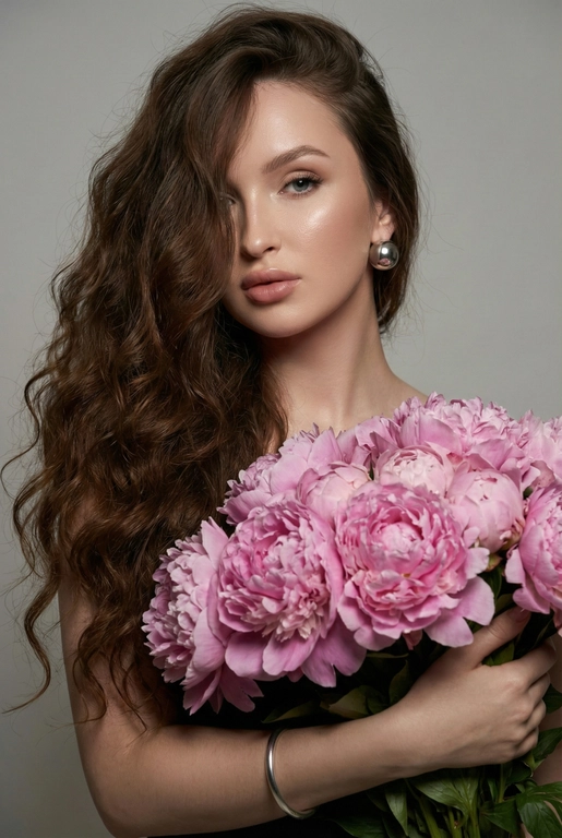 Создайте ультрареалистичный портрет, не меняя черты лица, крупным планом 3/4, с мягкой, освещённой кожей, атласной отделкой и естественным блеском, где женщина изображена в профиле. Спокойное и чувственное выражение лица, губы слегка полуоткрыты. Она носит серебряные серьги-шары и простой серебряный браслет на запястье.
Фон нейтральный, в светло-сером тоне, с тёмным, целенаправленным низким угловым освещением, которое подчёркивает контур лица, текстуру кожи и объём волос. Стиль редактирования — высокая мода, чёткий фокус 8K, реалистичная текстура, изысканная и элегантная атмосфера.


Длинные волнистые волосы покрывают часть лица объёмными локонами, выпадающими на лицо и плечо. 

Цветы: Держит в руках огромный букет розовых пионов