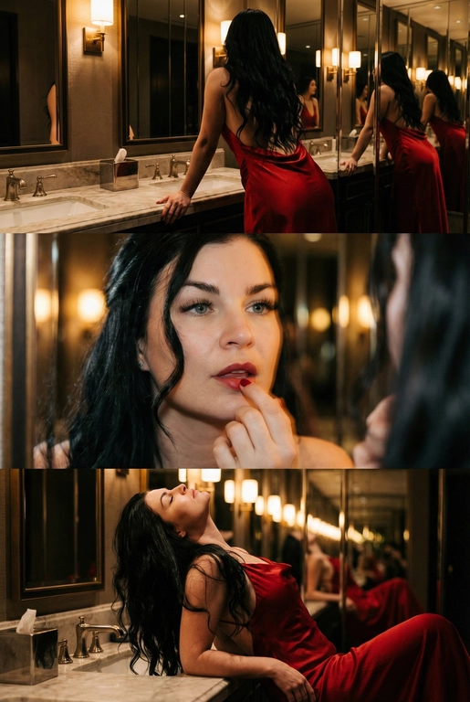 Создай не меняя черты лица. Экстремально реалистичный кинематографичный триптих, как живая серия фотографий из Instagram, снятая в зеркальном туалете дорогого ресторана. Вечер, интимная атмосфера, отражения в зеркалах, приглушённый свет, ощущение роскоши и ускользающего момента. Весь триптих объединён одним образом и единым настроением, с лёгким зерном, как будто кадры сняты в движении, естественно. В верхней части женщина стоит спиной облокотившись на раковину рукой, лицо в тени спина освещена, в отражениях зеркал видна её фигура, на ней одно и то же красное платье с открытой спиной, ткань струится и выглядит дорого, чувственно. Свет мягко скользит по плечам и линии спины, создавая глубокие тени и драматичный силуэт. В средней части экстремально близкий ракурс лица через зеркало, женщина смотрит на своё отражение и поправляет помаду, жест живой и естественный. Лицо частично в фокусе, частично слегка размыто, ощущение движения и дыхания кадра. Пышные ресницы, выразительный взгляд, блики света в зеркале, локоны из пучка падают на лицо, добавляя интимности. В нижней части девушка запрокинула голову и облокотилась о раковину, глаза закрыты, поза расслабленная, уязвимая, словно она на секунду выпала из шумного вечера. Платье то же самое, красное, ткань ловит приглушённый свет, усиливая глубину цвета и теней. Во всех кадрах приглушённое освещение, cinematic lighting, мягкие тени, отражения зеркал, лёгкое зерно и небольшой motion blur без резкой чёткости и глянца. Цвета глубокие, насыщенные, но сдержанные. Общий стиль ультрареализм, кинематографическая эстетика, эффект настоящего Instagram-триптиха, ощущение пойманного момента, живо, чувственно и очень реалистично, как кадры из личного архива.
Не меняй черты лица. Очень длинные изящные волнистые волосы, несколько локонов свободно падают на лицо и шею. 