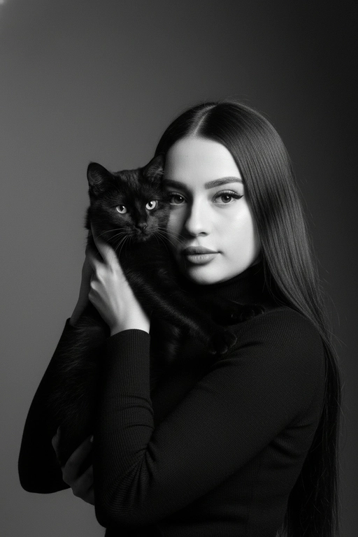 Высококонтрастный черно-белый портрет женщины в черной водолазке, держащей чёрную кошку у лица. Композиция напряжённая и интимная: оба персонажа смотрят прямо в камеру с одинаковой интенсивностью. Яркое и направленное освещение создаёт глубокие тени и подчёркивает контраст между их бледной кожей и тёмной шерстью кошки. Выражение её лица спокойное и уверенное, глаза подведены чётко, а гладкие прямые волосы естественно ниспадают на одно плечо. Фон - градиент от серого к темно-серому. Общее настроение таинственное, элегантное и кинематографичное, напоминающее портрет из модного журнала с готическим подтекстом.