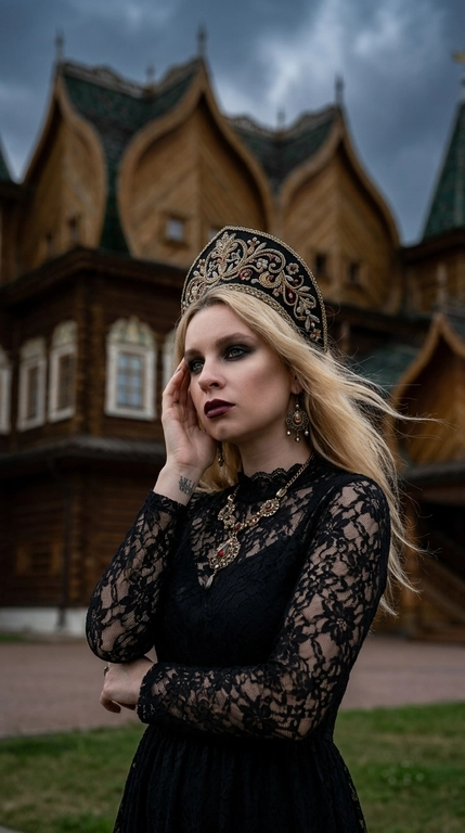 Фотореалистичный кинематографичный портрет. Женщина в образе славянской княжны стоит на фоне роскошного деревянного дворца царя Алексея Михайловича в Коломенском, с богато украшенными резными фасадами, башнями, теремами, фигурными крышами и исторической русской архитектурой XVII века. Съемка с нижней точки немного снизу вверх, крупный план до колен, камера расположена на уровне талии модели. Женщина повернута корпусом на три четверти, одна рука изящно поднята к кокошнику, вторая плавно отведена в сторону, создавая ощущение движения. На ней длинное черное кружевное платье с полупрозрачными рукавами и объемной струящейся юбкой, развевающуюся ветром, роскошный черный расшитый кокошник с бисером и декоративными подвесками. Волосы развеваются ветром. Выражение лица задумчивое и немного таинственное, взгляд направлен в сторону. Макияж выразительный и драматичный: идеально ровная матовая кожа, холодный скульптурирующий контуринг, глубокие дымчатые smoky eyes в серо-черной гамме, длинные густые ресницы, четко оформленные брови, матовые нюдово-розовые губы. Пасмурное предгрозовое небо, атмосферный ветер, развевающий волосы и кружево платья. Темная кинематографичная цветокоррекция с глубокими тенями, холодными графитовыми и темно-коричневыми оттенками, приглушенной палитрой, высокой детализацией дерева, резьбы и тканей. Небольшая глубина резкости, мягкое боке, объектив 85mm, f/1.8, профессиональная fashion-съемка в эстетике dark russian fairytale, gothic princess, ultra realistic, cinematic atmosphere, high detail.