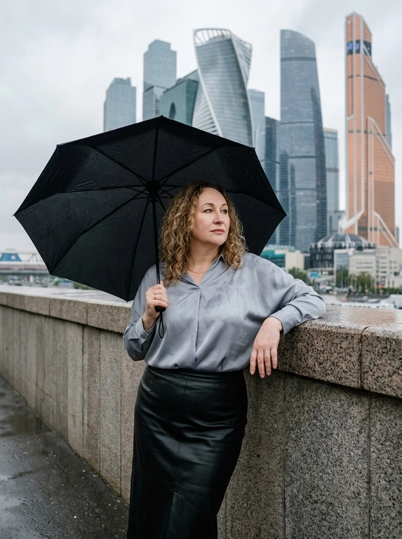 Городской портрет. Женщина у каменного ограждения на фоне башен «Москва-Сити». Корпус и тело женщины повернуты прямо к камере. Женщина стоит у современного каменного ограждения, строго опершись на него правым локтем и смотря в сторону-вправо. В левой руке раскрытый чёрный зонт, женщина находится под зонтом.

Фон: за спиной возвышаются небоскрёбы делового центра «Москва-Сити» под пасмурным дождливым небом. Вокруг холодная осенняя атмосфера. Мягкий рассеянный свет подчёркивает текстуру камня и грани стеклянных башен. Стиль lifestyle-блога.

Камера: объектив 85mm, f/2.2, ISO 100, RAW. Звенящая резкость на волосах, каменном парапете и ресницах. Visible pores, no plastic skin, no AI smoothing.

Запрет: каких-либо металлических поручней и перил.

Одежда: Свободная атласная блузка холодного молочно-серого оттенка с мягкой драпировкой и длинными рукавами. Низ — чёрная кожаная юбка миди прямого кроя с высокой посадкой и небольшим разрезом.