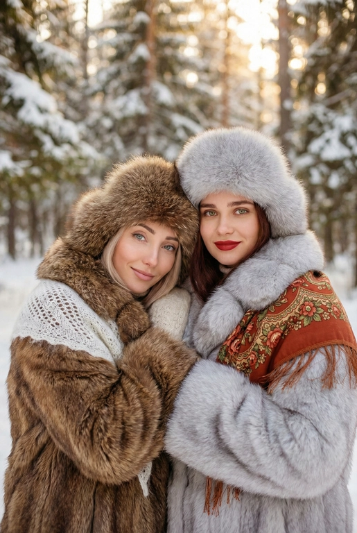 Создай кадр, который представляет собой теплый, уютный, слегка ностальгический зимний портрет в фэшн/фолк-стиле. Атмосфера спокойная, элегантная, дружеская близость двух моделей; сочетание высокой моды (мех, профессиональная ретушь) и фольклорной эстетики (вышитый шарф). Композиция и позирование: Форма кадра: портретный, вертикальный (соотношение примерно 3:4). Расположение: две женщины в центре кадра, тела и головы видны на груди; правая модель немного ближе к камере. Позы: девушки стоят близко друг к другу, левая модель слегка опирается на правую; плечи слегка повернуты к камере. Взаимодействие: мягкая улыбка, закрытое выражение лица, взгляд в камеру; дружелюбный, уверенный тон. Лица и макияж: Кожа: гладкая, естественная текстура, легкий эффект сияния. Глаза: аккуратные блики – оживляют взгляд; нейтральный/теплый макияж теней. Брови: естественная форма, слегка очерчены. Губы: у правой модели насыщенный матовый красный (центральный акцент), у левой – нежно-розовый нюдовый. Волосы: свободные пряди вокруг лица, несколько прядей с легкой волной для естественности. Шапки: большие пушистые меховые шапки с очень четко выраженной текстурой меха; справа – светло-серый мех, слева – коричневый мех. Форма: высокие, округлые, плотно сидят на голове, частично закрывают лоб – создают силуэт и рамку для лица. Верхняя одежда и текстуры: меховые пальто: густой натуральный мех у левой модели коричневый, у правой модели – светло-серый тон с видимым направлением волосков; богатая текстура и объем. У девушки справа на правом плече маленький платок с традиционным русским орнаментом – яркие цветы и листья, на фоне глубокого красного цвета с золотисто-терракотовыми, зелеными деталями; Тонкая бахрома ниспадает на ее плечо. У девушки слева на левом плече небольшой вязаный белый шарф с крупным ажурным узором, что добавляет контраста в текстуре и цвете. Окружение и фон: Лес: темные хвойные деревья, вертикальные силуэты стволов; снег на земле/вдали — размытый фон (боке).