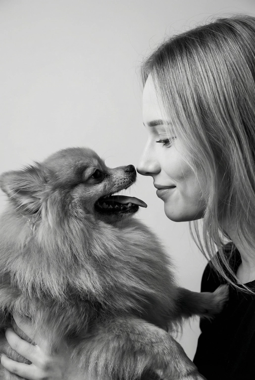 Сделай фото со мной и моим питомцем. Реалистичное фото, с высокой детализацией. Снимок меня и моего питомца в профиль. Фото сделано первым средним планом (Medium CloseUP), в кадре видно часть туловища (с головы до середины груди).
Я стою лицом к своему питомцу в строгий профиль, смотрю прямо на него.
Мой питомец расположен прямо напротив моего лица, также в профиль, смотрит прямо на меня. Наши носы почти соприкасаются. Наши головы могут быть наклонены: например, моя голова наклонена немного вниз, а голова питомца наоборот повыше. Четкая визуальная симметрия между моем лицом и головой моего питомца.
Студийное освещение, мягкий свет, создающий контрастность и скульптурные тени, на самом лице минимум тени. 
 Я мягко улыбаюсь, рот закрыт, а питомец открыл пасть и высунул язык, будто ему жарко.  Черно-белая фотография. Фон светлый, нейтральный. 