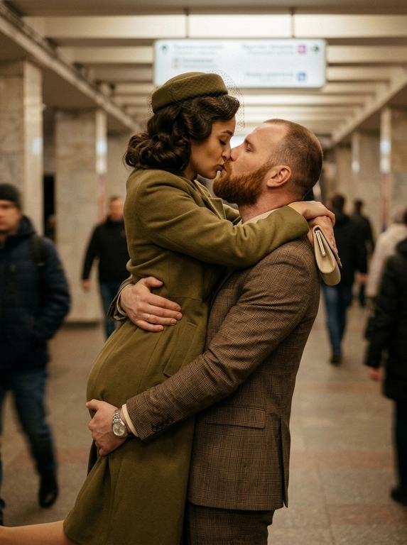 A hyper-realistic, dynamic close-up shot of a young couple.

Pose
The man and woman are captured in a passionate kiss. Leaning backward, the man holds the woman firmly by the waist, lifting her off the ground, while she has her arms around his neck. Positioned at the center of the frame, the couple evokes the feeling of a romantic farewell on a train platform.

Clothing
The woman is wearing an olive-green coat and carrying a small, light-colored clutch. The man is dressed in a classic brown plaid suit over a light-colored shirt; a wristwatch completes his look.

Angle
The photo is a close-up taken at eye level. It captures the subjects from the waist up, viewed from a three-quarter angle.

Background
The setting is a subway station. The lighting is warm and subdued, typical of underground stations.

Camera Settings
The shot captures motion with a relatively wide aperture, creating a slight background blur (bokeh effect) that focuses attention on the couple. The color grading features warm, slightly muted tones reminiscent of vintage film. Due to the specific subway lighting, the ISO was moderately high, adding a subtle digital texture to the image that resembles film grain.

Hairstyle
The woman has medium-length hair styled in soft retro waves.  She is wearing a small, elegant olive-colored hat with a veil. DO NOT CHANGE HER FACIAL FEATURES OR HAIR COLOR; THEY MUST MATCH THE REFERENCE. FRAME FORMAT: 9:16.