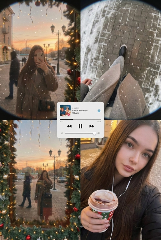   Многопанельный коллаж в стиле зимнего постера, передающий рождественскую атмосферу улицы, снятый как спонтанная фотография на iPhone. Сцена выглядит естественной, уютной и реалистичной: мягкий снегопад, тёплые отражения в окнах и едва заметная аналоговая зернистость создают праздничное, но сдержанное рождественское настроение. Все кадры объединены единым визуальным образом и ощущением зимнего уюта. 
 
В верхнем левом кадре — отражающая витрина магазина на закате. Слабые рождественские огни и матовые края стекла окружают человека, который держит телефон, частично закрывающий лицо. Тёплые блики света, гирлянды, уличные огни и проходящие силуэты создают мягкое размытие и многослойные отражения в стекле с естественным искажением кривизны. 
 
В верхнем правом кадре — крупный план, снятый сверху вниз, на заснеженном тротуаре или возле рождественского рынка. Человек небрежно наклоняется вперёд, создавая ощущение движения и спонтанности. Падающий снег формирует лёгкое размытие, а поверхность земли слегка искажается в зависимости от ракурса объектива, усиливая эффект съёмки с рук, без постановки. 
 
Нижний правый кадр — интимное селфи, сделанное сверху при тёплом уличном или кафешном освещении. В руках — праздничный напиток на вынос (кофе или глинтвейн), заметны проводные наушники. Детали хорошо проработаны, а мягкая зернистость усиливает ностальгическое рождественское настроение. 
 
В центре коллажа расположен минималистичный мини-плеер в стиле Apple Music, отображающий популярную рождественскую песню (например, «Last Christmas» или «All I Want for Christmas Is You»), выполненный в плоском, чистом дизайне без теней. 
 
Цветовая палитра тяготеет к тёплым янтарным, мягким красным, сосново-зелёным и приглушённым зимним серым тонам, создавая атмосферу праздничной близости, визуальной теплотой и эмоциональной узнаваемости — без ощущения постановки или футуризма.