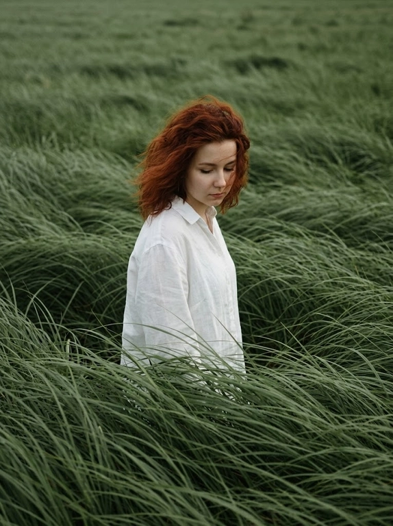 Create cinematic, atmospheric editorial portrait using the attached photo as the exact face and identity reference. A solitary model stands alone in the middle of vast wind-swept sage green grass fields. Tall grass surrounds the subject completely, flowing in strong currents like ocean waves, partially occurring the body did creduns mononaepin dna soutude. the subject wedis c simple, loose white shirt that softly contrasts with the rich green landscape hair is slightly messy, with natural strands moving in the wind. The head is gently tilted downward, eyes cast toward the ground, conveying a quiet introspective, melancholic mood. Expression is calm, distant, and emotionally restrained. Compose the frame slightly off-center, from a subtle elevated angle.
No visible horizon, the frame is fully immersed in grass texture. Use a muted natural palette of sage green, deep olive, and soft off-white. Shoot telephoto perspective, shallow depth of field, cinematic framing. Film photography destek with visible grain, soit edge tallon, atmospheric wind driven motion blur in the grass. Quiet, poetic storytelling: ultra-detail natural magazine-cover editorial quality. No text, no watermark.

Доп. характеристики: Фигура на 65 кг, рост 160. Рыжие волосы ниже плеч