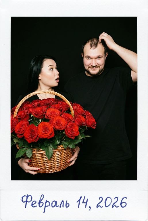 Винтажная фотография в стиле Polaroid, снятая на 35mm плёнку в начале 2000-х годов, со вспышкой. Девушка и мужчина на фоне сплошного чёрного фона.
На девушке чёрный топ. Она держит огромную плетёную корзину, наполненную крупными красными розами. На её лице — выражение удивления, она смотрит на мужчину.
Мужчина одет в свободную чёрную футболку, с легкой улыбкой почесывает голову и смотрит прямо в камеру.
Герои хорошо освещены вспышкой камеры, ракурс прямой, средний план. Внизу, на белой рамке Polaroid, синей ручкой от руки написано: «».
Аутентичное зерно плёнки, высокий контраст. Внизу, на белой рамке Polaroid, синей ручкой от руки написано: «Февраль 14, 2026».