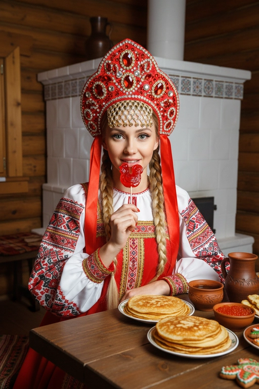 Человек в традиционном русском образе Масленицы. На ней роскошный красный кокошник, украшенный алыми камнями, стразами и длинными красными лентами, спадающими по бокам.

Она одета в красно-белое платье, выполненное строго по традициям масленичных нарядов, с вышивкой и народными орнаментами. В руке человека красный леденец-петушок и подносит его к лицу, создавая игривое, сказочно-праздничное настроение.

Сцена происходит внутри уютной деревянной избы. Перед ней — массивный деревянный стол с румяными блинами, красной икрой и разнообразными традиционными масленичными угощениями. На заднем плане — белая русская печь.

Фотография снята со вспышкой, с ярким контрастом и лёгким глянцевым эффектом, подчёркивающим детали образа и фактуры. 

Не меняй возраст и пол человека на исходном фото. Волосы заплетены в две косы