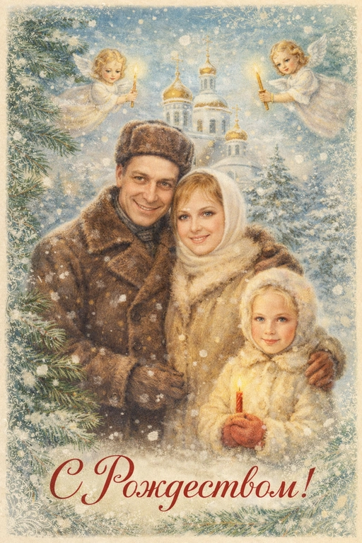 Создай винтажную рождественскую открытку со всеми людьми или одним человеком из предоставленных фотографий. Стиль - советские сказочные открытки 1950-1970-х годов, мягкая живописная иллюстрация, ощущение тепла и уюта. Композиция и формат: • Персонажи остаются в центре композиции • Фон - православная церковь, зимняя сказочная атмосфера Лица: • Лица сохранить максимально похожими на оригинальную фотографию (one-to-one likeness) • Без изменения черт лица, возраста и эмоций • Реалистичное сходство, аккуратная художественная стилизация без искажений. Одежда и образы: • Заменить современную одежду на старинную зимнюю советскую одежду. Если человек- женского пола , то добавь белый платок на голову. ⁠ Декор и детали:  • Хвойные ветки • ангелочки в сказочном стиле, церковные свечки • Лёгкий снег, морозные узоры Цвет и атмосфера: • Светлая, зимняя, мягкая цветовая палитра • Пастельные оттенки, эффект старой бумаги, легкое зерно • Сказочное, теплое новогоднее настроение  • Шрифт - изящный, рукописный, сказочный, в стиле советских открыток. Надпись: «С Рождеством!»