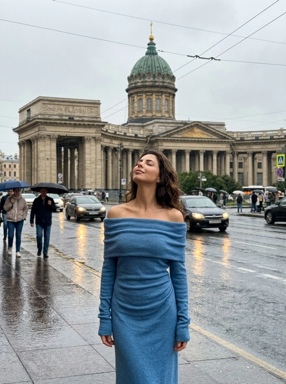 Максимально реалистичная уличная фотография в Санкт-Петербурге после дождя. 

Модель стоит на мокром тротуаре перед Казанским собором. Кадр выглядит как случайная фотография, сделанная прохожим: модель находится чуть правее центра, а собор с куполом и колоннадой крупно заполняет задний план. Над улицей видны провода, по дороге проезжают автомобили, вокруг идут прохожие с зонтами. Мокрый асфальт отражает фары, светлое небо и городские здания.

Поза полностью естественная и спокойная: модель стоит вполоборота к камере, корпус слегка развёрнут в сторону улицы, плечи расслаблены, руки свободно опущены вдоль тела. Голова мягко запрокинута назад и немного повёрнута в профиль. Глаза закрыты, подбородок слегка приподнят, губы расслаблены. Выражение лица спокойное, будто модель на секунду остановилась и почувствовала прохладный воздух после дождя.

Камера расположена примерно на уровне груди модели, съёмка ведётся с небольшого расстояния. Средний план до середины бёдер. Используется умеренно широкий угол, поэтому в кадре одновременно хорошо видны модель, мокрая улица, автомобили, прохожие и архитектура собора. Фон не размывать. Допустима только лёгкая естественная мягкость из-за дождливой погоды и движения городского транспорта.

Освещение пасмурное, ровное и рассеянное, без жёстких теней. Лицо освещено мягко и естественно. На коже сохраняется натуральная текстура с видимыми порами, без ретуши, пластикового эффекта и бьюти-фильтров.

Цветокоррекция приглушённая и плёночная, с преобладанием серо-коричневых, оливковых, бежевых и глубоких бордовых оттенков. Небо светло-серое, камень собора тёплый и немного выцветший, мокрая дорога холодная и графитовая. Мягкий контраст, слегка поднятые чёрные, приглушённые светлые участки, естественная зернистость и лёгкая винтажная фактура.

Снято на iPhone 17 Pro в формате RAW, вертикальный кадр 3:4, документальная городская фотография, случайно пойманный момент, реалистичные пропорции, натуральная перспектива, лёгкое плёночное зерно. Без HDR, без искусственного глянца, без чрезмерной резкости, без кинематографического синего оттенка, без CGI и без AI-эффекта.


Какая будет одежда?: Плотное трикотажное платье глубокого светло-голубого оттенка с открытой линией плеч и мягкой драпировкой в верхней части. Материал слегка повторяет движение корпуса и создаёт выразительный силуэт без лишних деталей.