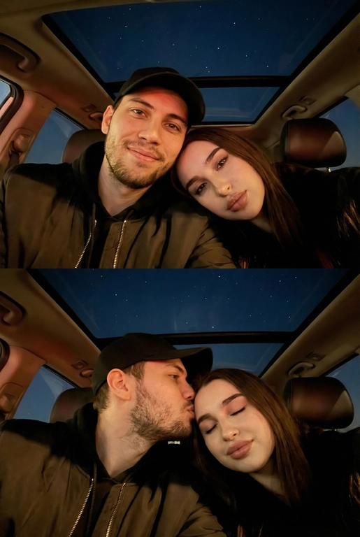 Создай вертикальный коллаж из двух фотографий в одном стиле.
Обе фотографии сняты внутри автомобиля, а через стеклянную крышу видно темное звёздное небо. Фото темное, снято на телефон, Атмосфера тёплая, уютная и романтичная. Фотографии должны быть реалистичными, с мягким освещением, естественными оттенками кожи и одинаковой цветокоррекцией на обеих частях коллажа.
Верхнее фото:
POV селфи: пара лежит рядом, крупный план. Мужчина в тёмной куртке и чёрной бейзболке смотрит в камеру. Женщина лежит, опираясь головой на его плечо, тоже смотрит в камеру. Мягкий свет на лицах, спокойные выражения.Акцент на лица.
Нижнее фото:
Та же композиция и ракурс. POV селфи: Мужчина нежно целует женщину в висок, женщина закрывает глаза с лёгкой улыбкой. Крупный план, фокус на эмоциях. Акцент на лица.