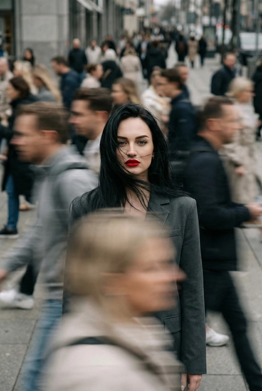   Кинематографичная фотография с эффектом смазанного движения, снятая на Leica SL3 с объективом 50mm Summilux при f/2.8, с фронтального ракурса на уровне груди, с использованием медленной выдержки и панорамирования. Ровный пасмурный дневной свет выступает как мягкий диффузор, позволяя создавать длинные шлейфы размытия без жёсткого контраста. Цветовая тональность — приглушённые бетонно-серые оттенки и нейтральные тона светлой кожи, вдохновлённые фильмами студии A24. Женщина с референса:  волосы застыли в полёте перед лицом, кожа с лёгким румянцем ловит тёплый свет, глаза пронзительно смотрят прямо в камеру, сохраняя неподвижность среди хаоса; губы подчеркнуты насыщенной вишнёво-красной помадой, создающей главный цветовой акцент, на ней сдержанный минималистичный образ. Сотни спешащих прохожих проносятся во всех направлениях, их тела вытянуты в плавные горизонтальные и диагональные размытия. Эмоция — тихий бунт через неподвижность. Эстетика — редакционный покой против хаоса. Постобработка: чистая физика движения, тонкое зерно, без глитчей, без искажений лица и деформаций анатомии. --ar 9:16 -- raw