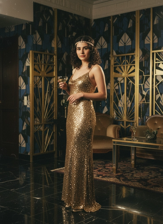 Art Deco Glamour:* 
A 1920s inspired photoshoot, woman in a gold sequined floor-length dress, hair styled in voluminous curls. Art deco interior, champagne, Gatsby style, vintage film grain --ar 3:4