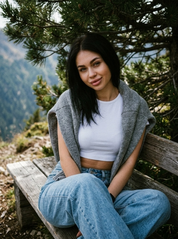 Экстремально крупный план по пояс. Модель днём сидит на лавочке под деревом на горе. Одета в короткий белый топ и светлые джинсы оверсайз, на плечи накинут серый свитер. Фото слегка смазанное. Кинематографический эффект с добавлением зерна. С лёгкой улыбкой. Кожа идеальная, подсвеченная. Не меняй черты лица. Фото затемнено.