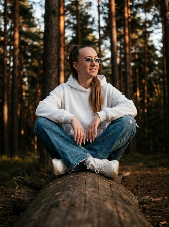 Объектив 35mm, f/1.8, камера расположена очень низко прямо вдоль массивного поваленного дерева, создавая сильную перспективу переднего плана — текстура коры крупно размывается к камере и уводит взгляд к модели. Модель сидит на бревне по-турецки, ноги скрещены перед собой, локти расслабленно опираются на колени, кисти свободно свисают между ног. Корпус слегка подан вперёд, плечи расслаблены, голова повёрнута в сторону, на лице мягкая улыбка без зубов, взгляд направлен вдаль мимо камеры, создавая спокойную уютную атмосферу caught candid moment. На ней белое oversize худи из плотного премиального хлопка с объёмным капюшоном и длинными рукавами, синие свободные джинсы с потёртостями и слегка выцветшей текстурой денима, на ногах белые кроссовки в стиле New Balance с массивной подошвой. На глазах узкие прямоугольные солнцезащитные очки Miu Miu без оправы с серыми зеркальными стёклами. Высокие хвойные деревья вокруг, cinematic forest atmosphere, тёплый вечерний свет проходит сквозь ветви, глубокие тени и мягкие золотисто-коричневые оттенки, moody underexposed fashion photography, intentionally lowered exposure, rich shadows, subtle warm highlights, лёгкая плёночная зернистость, RAW photo, реалистичная текстура кожи, объёмное боке, luxury Pinterest editorial aesthetic.

Какая будет прическа?: Волосы собраны в высокий хвост