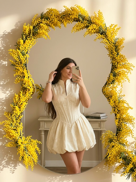 Зеркальное селфи в интерьере с мягким тёплым дневным светом. Большое зеркало в форме цифры 8 с плавными округлыми линиями занимает значительную часть кадра. Рама полностью обрамлена густыми ветвями жёлтой мимозы, пушистые цветы создают яркий солнечный контур вокруг отражения. Лёгкие тени от мимозы падают на светлую стену. Кадр в полный рост. Женщина стоит перед зеркалом в лёгком полуобороте, вес перенесён на одну ногу, силуэт вытянутый и уверенный. Телефон держится на уровне лица, частично закрывает одну сторону, но черты остаются читаемыми. Макияж — нюдовый и элегантный: ровный мягкий тон, лёгкое естественное сияние кожи, небольшие растушёванные коричневые стрелки, аккуратные ресницы. Губы с глянцевым прозрачным блеском. Маникюр аккуратный. Свет тёплый, золотистый, с мягким контрастом. Атмосфера весенняя, романтичная, но с акцентом на архитектуру силуэта. 

Какая будет одежда?: Наряд — молочно-кремовое мини-платье с корсетной архитектурой. Верх — высокое закрытое горло с плавным переходом в чётко сконструированный корсетный лиф. Выраженные вертикальные рельефы подчёркивают талию и формируют sculpted силуэт. Ткань плотная, с деликатным жаккардовым цветочным рисунком и лёгким сатиновым свечением. Низ — объёмная пышная юбка-баллон с мягкими складками, создающая контраст между узкой талией и округлой формой низа. Длина мини, подчёркивает линию ног. Силуэт couture inspired, структурированный, но элегантный.