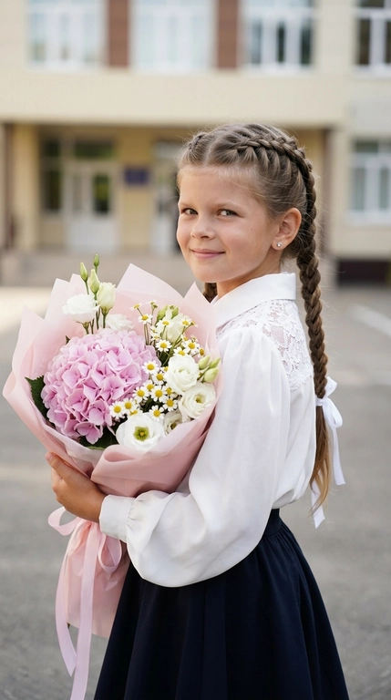Не меняй внешность с фото ребенок стоит на улице в профиль, повернув голову через плечо к камере и глядя прямо в объектив с милой улыбкой. Обеими руками она прижимает к груди большой букет цветов. Снимок сделан от талии и выше, под углом на уровне глаз, в центре композиции. Основное внимание уделяется лицу. В руках большой, пышный букет, завернутый в нежно розовую оберточную бумагу. В букете нежные гортензии, эустомы и ромашковые хризантемы (розовых, бежевых и белых оттенков). На заднем плане видна школа. Дневной свет, зернистость формат. Высокая детализация, живой кадр, 8К.   

Пол ребенка?: На девочке нарядная белая блузка с кружевными деталями и объемными рукавами, темная пышная юбка; волосы красиво собраны в две длинные и объемные вывернутые французские косы с белыми лентами на концах. В ушах маленькие серьги-гвоздики. 

Причёска у девочки: Волосы красиво собраны в две длинные и объемные вывернутые французские косы с белыми лентами на концах.