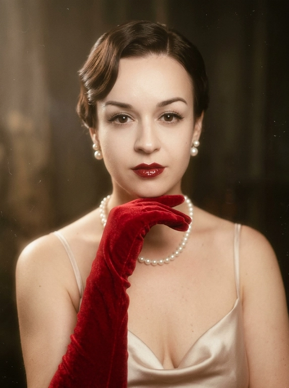 Фотореалистичная художественная fashion-фотография в винтажном стиле, эстетика old-money vintage fashion. Крупный портрет: кадрирование от верхушки головы до верхней части груди/ключиц, лицо занимает большую часть кадра. 
Описание человека: возьми загруженное фото за основу, сохрани лицо.
Образ и детали : классический ретро-glamour. Макияж: ровный фарфоровый тон, мягкие тёплые тени, подчёркнутые ресницы и подводка, выразительные брови; темно-красные губы с чётким контуром и глянцевым финишем. Аксессуары: жемчужные серьги-пусеты и короткое жемчужное ожерелье. На руках длинные темно-красные бархатные перчатки, одна рука поднята к лицу и лежит под подбородком/у линии челюсти, пальцы изящно согнуты. Одежда: светлое атласное/шелковое платье на тонких бретелях (видна верхняя часть), мягкий благородный блеск.
Свет и атмосфера: мягкий рассеянный свет как от окна или лампы с абажуром, тёпло-нейтральный оттенок, нежные тени, лёгкая подсветка скул и линии плеч. Выраженная плёночная дымка (soft haze), мягкое свечение по светам, деликатное зерно, чуть сниженный контраст, пастельная палитра кремовых и серо-оливковых тонов. Фон тёмный, не отвлекающий, с намёком на винтажные ткани и фактуры.
Фокус и детализация: мягкая глубина резкости — лицо и верх образа в фокусе, детали на переднем плане чуть мягче. Высокая детализация материалов (бархат, жемчуг, бархатные перчатки, ткань платья), естественная фактура, аккуратная ретушь без эффекта «пластика». Без текста, без логотипов, без водяных знаков.

Какая будет прическа?: Гладкая ретро-укладка с волной у лба и боковым пробором, аккуратные скульптурные пряди.